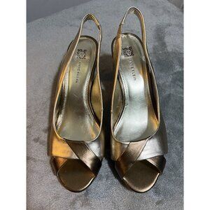 Anne Klein iFlex 10 M Gold Bronze Patent Leather Open Toe Slingback Shoes Y2k